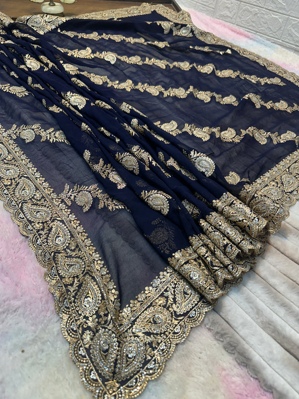 Navy Blue Bridal Saree with Dupatta | Heavy Zari & Embroidery Work
