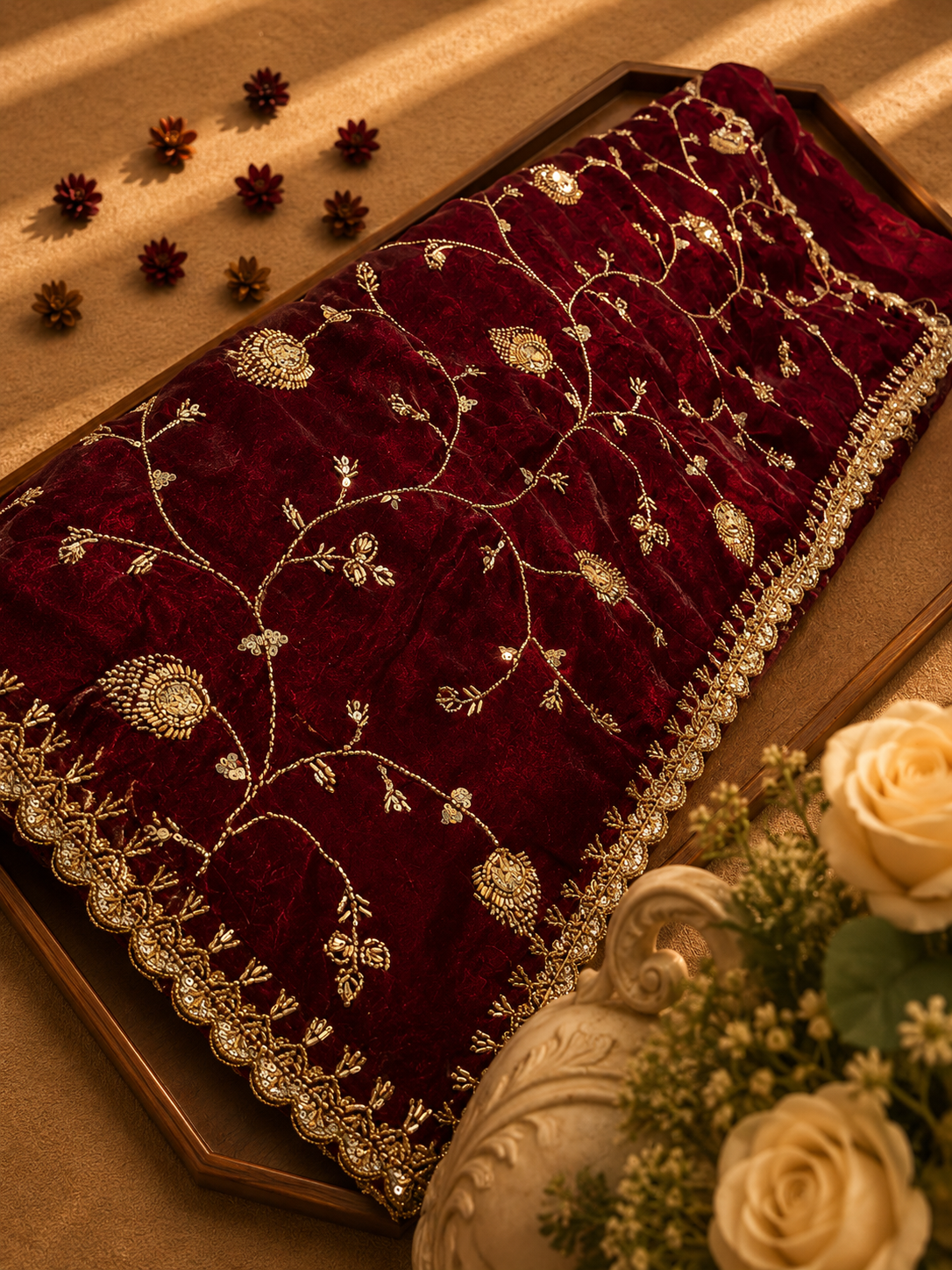 Premium Wine Fendi Designer Saree with Elegant Embroidery Work