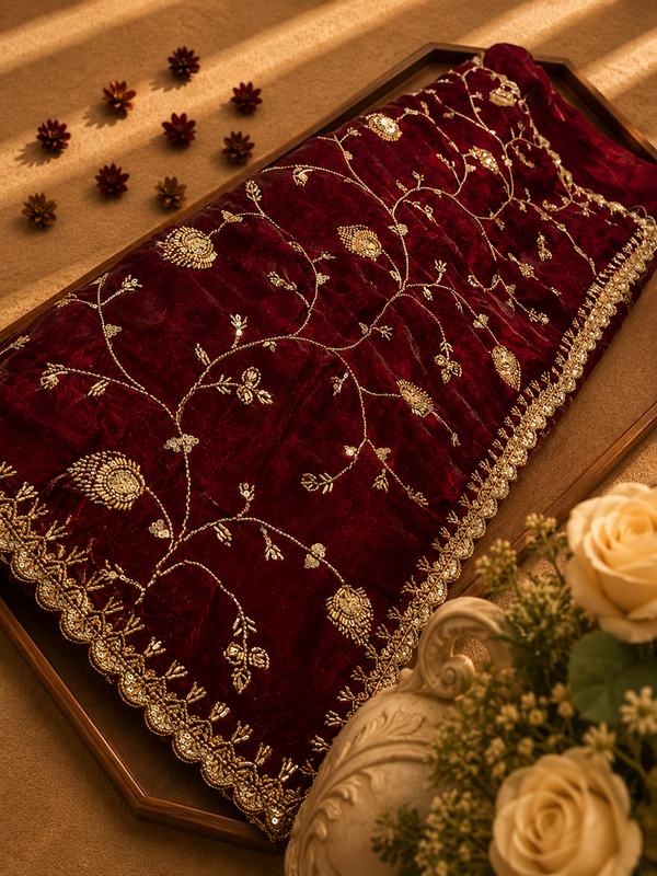 Premium Wine Fendi Designer Saree with Elegant Embroidery Work