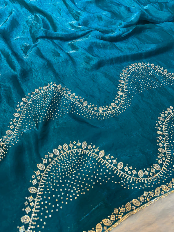 Premium Turquoise Blue Fendi Saree with Elegant Stone Work – Luxury Designer Party Wear, Wedding & Festive Collection