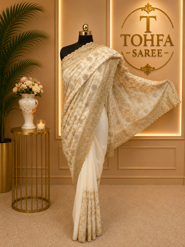 Elegant White Designer Saree with Intricate Zarkhan & Golden Work