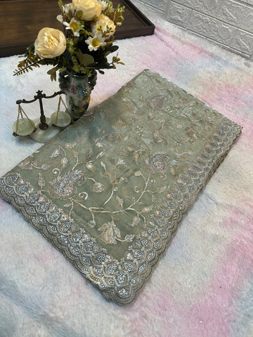 Buy 1 Get 1 FREE – Premium Sage Green Zari Work Saree ✨