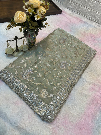 Buy 1 Get 1 FREE – Premium Sage Green Zari Work Saree ✨