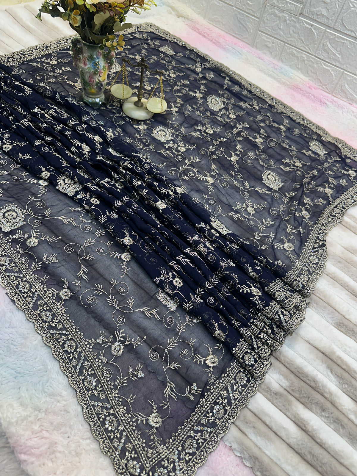 Premium Navy Blue Saree with Dupatta | Heavy Embroidery & Stone Work