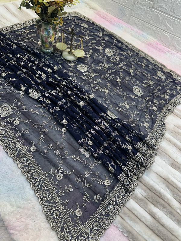 Premium Navy Blue Saree with Dupatta | Heavy Embroidery & Stone Work