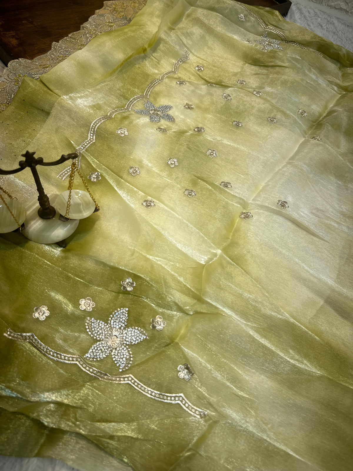 BUY 1 GET 1 FREE – Olive Green Floral Embroidered Saree