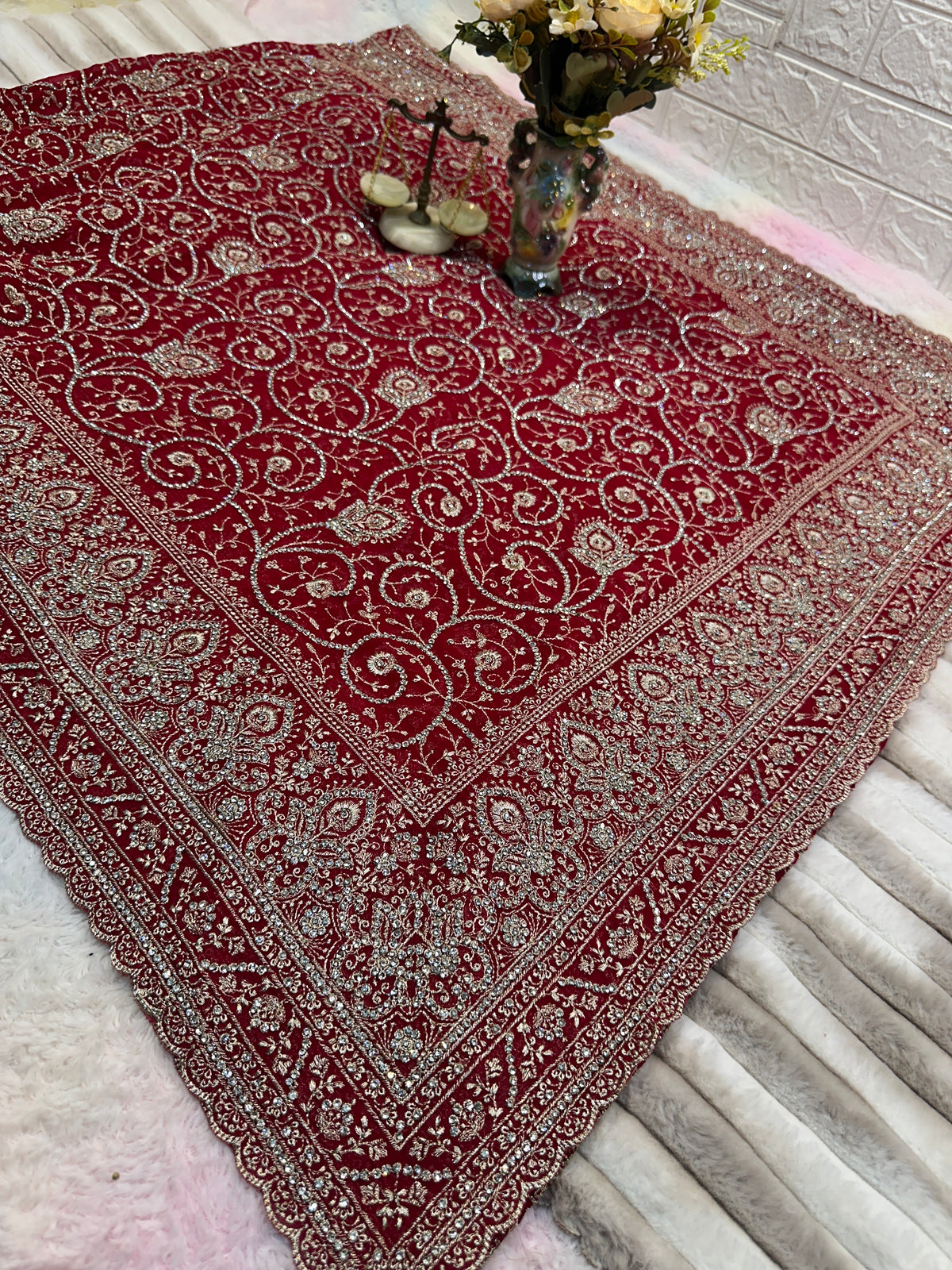 Premium Red Bridal Saree with Dupatta | Heavy Embroidery & Stone Work