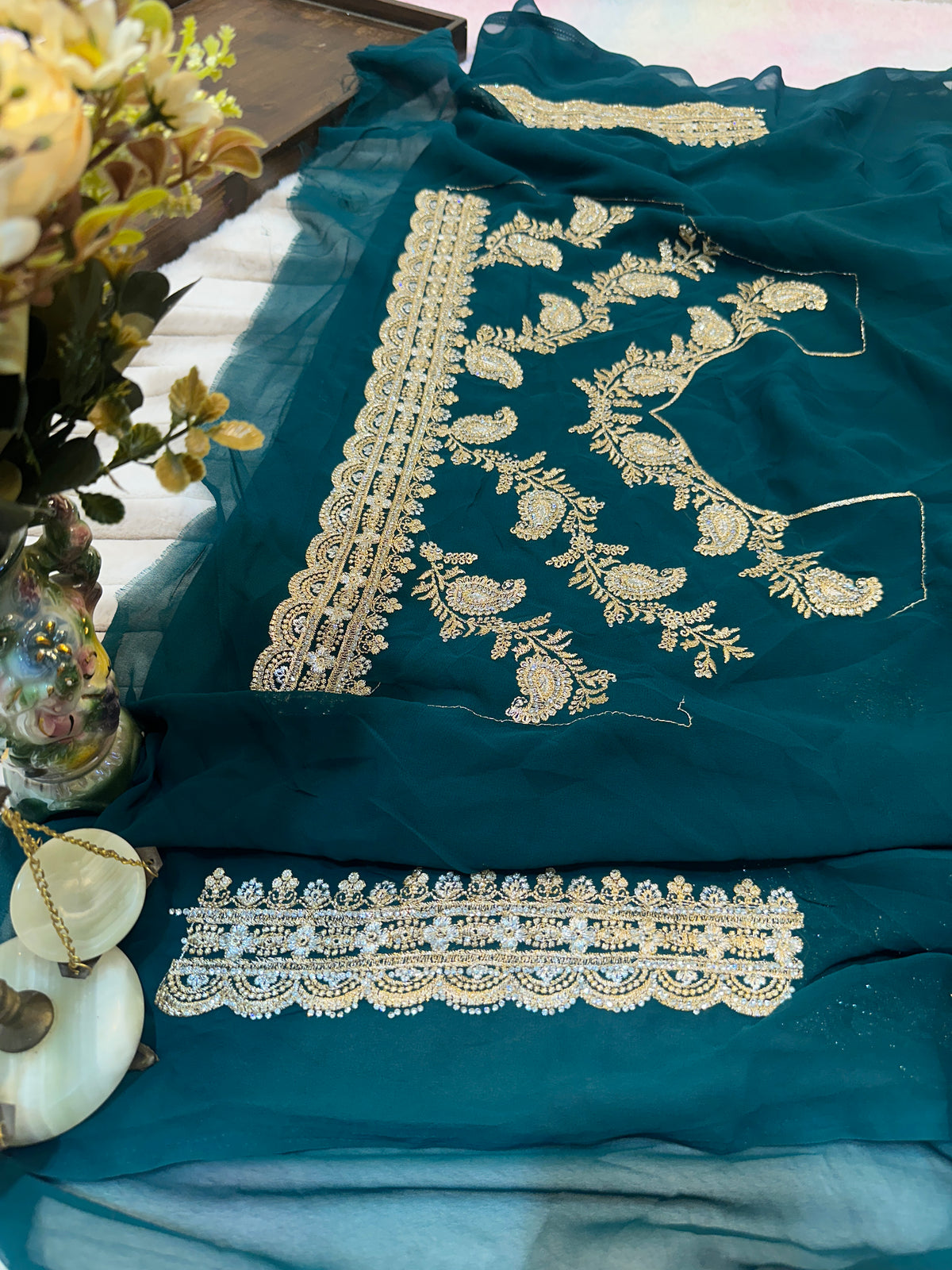 Premium Teal Green Saree with Dupatta | Heavy Zari & Embroidery Work