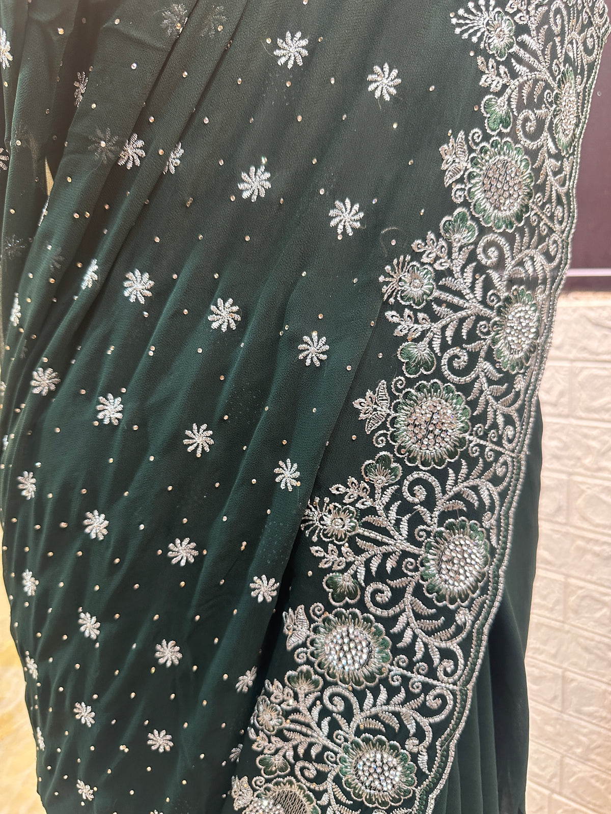 Emerald Green Georgette Saree with Silver Zari & Sequin Embroidery