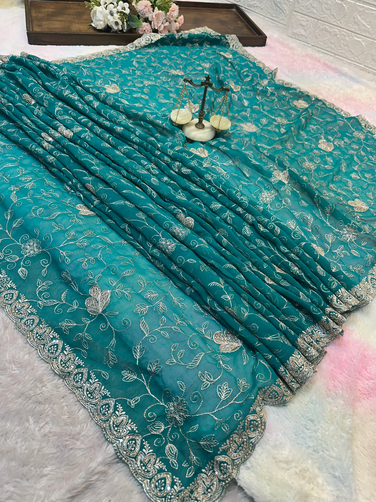 Premium Teal Green Zari Work Saree With Dupatta ✨