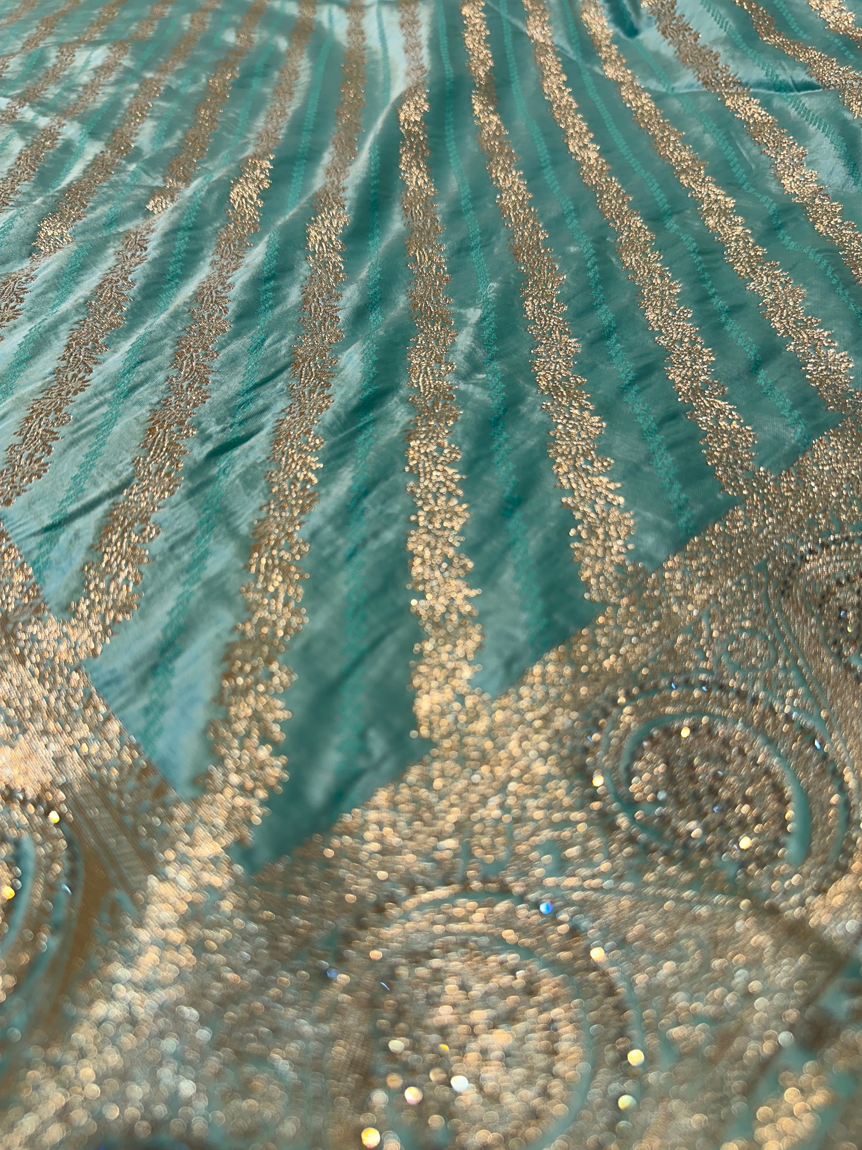 Mint Green Banarasi Silk Saree with Gold Zari Stripes & Heavy Zari Border