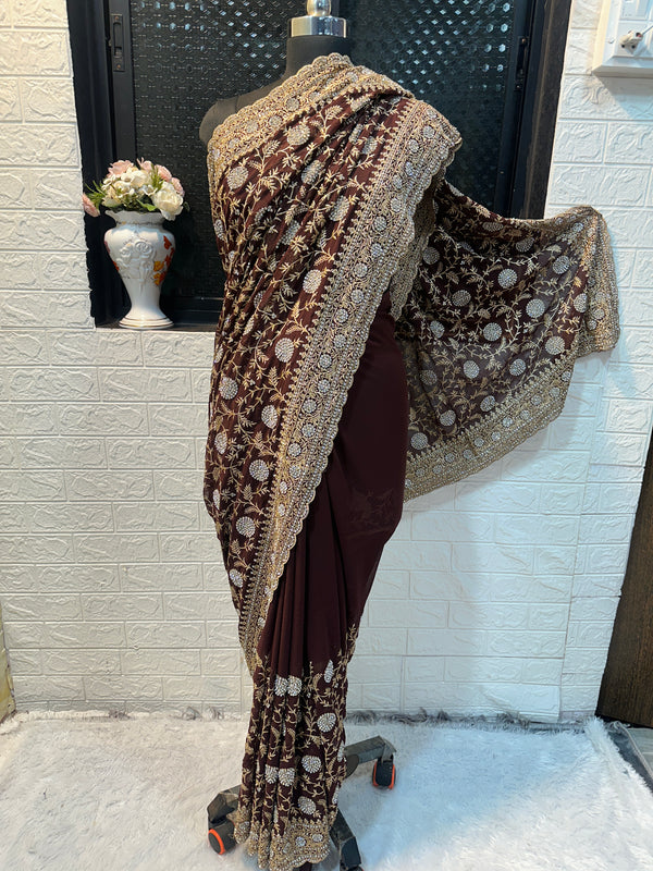 Brown Golden Zarkhan Embroidered Saree – Premium Designer Collection