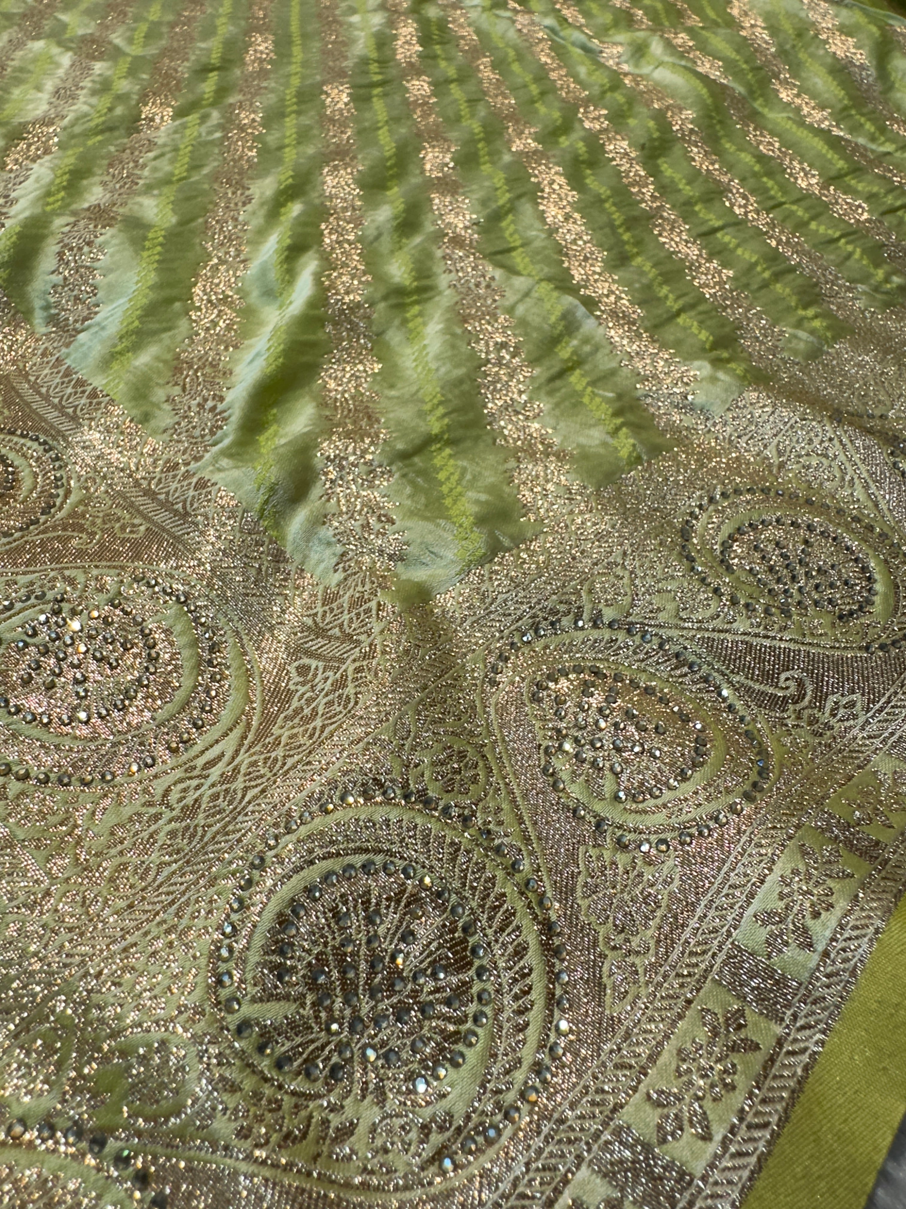 Parrot Green Banarasi Silk Saree with Gold Zari Stripes & Heavy Zari Border