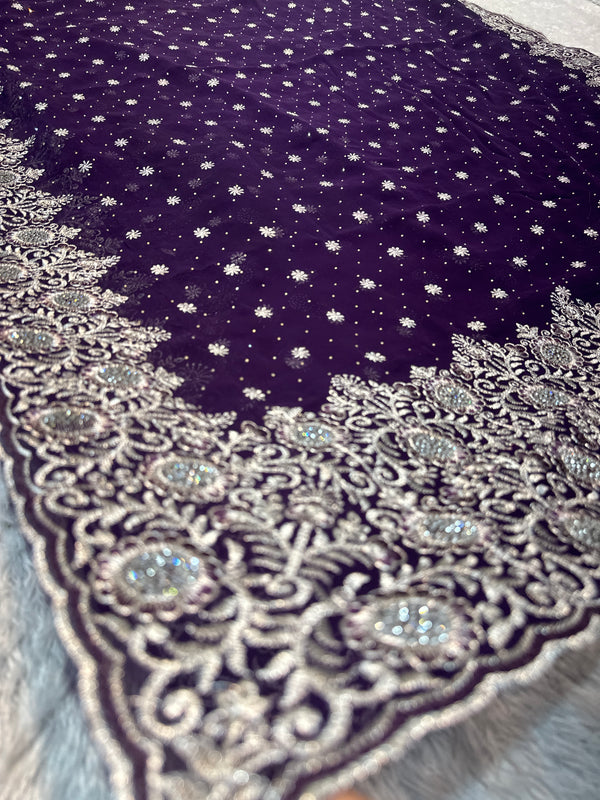 Royal Purple Georgette Saree with Silver Zari & Sequin Embroidery