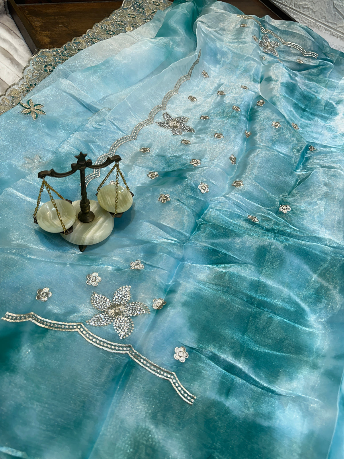 BUY 1 GET 1 FREE – Aqua Blue Floral Embroidered Saree