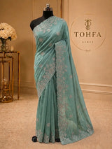 Sea Green Organza Saree with Zarkhan Stone & Zari Floral Embroidery