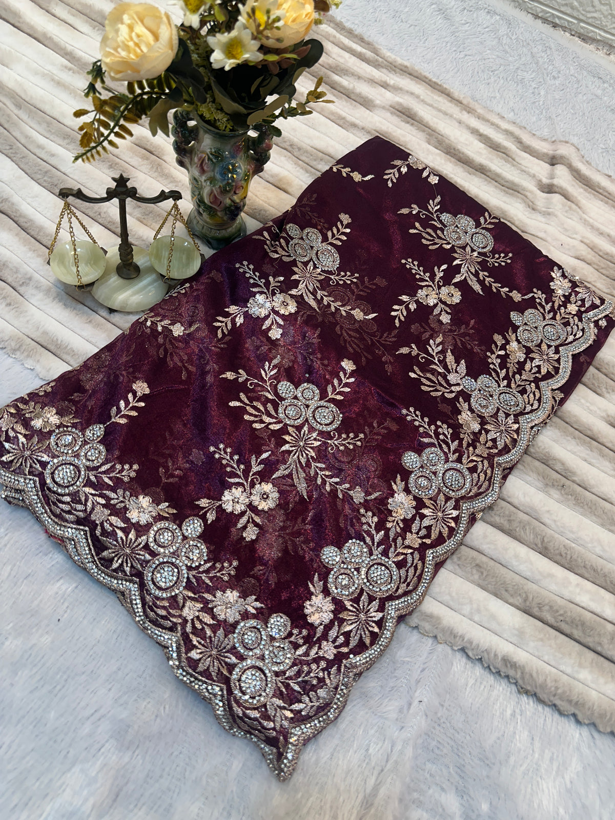 BUY 1 GET 1 FREE – Royal Burgundy Floral Embroidered Saree