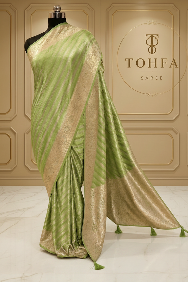Parrot Green Banarasi Silk Saree with Gold Zari Stripes & Heavy Zari Border