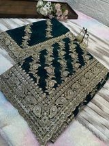 Premium Teal Green Saree with Dupatta | Heavy Zari & Embroidery Work
