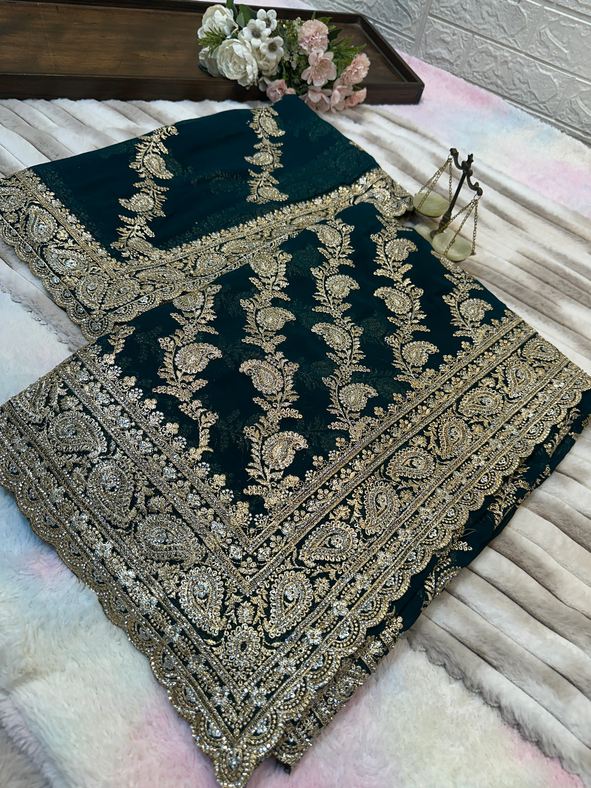 Premium Teal Green Saree with Dupatta | Heavy Zari & Embroidery Work