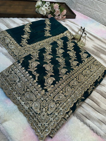 Premium Teal Green Saree with Dupatta | Heavy Zari & Embroidery Work
