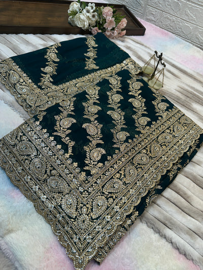 Premium Teal Green Saree with Dupatta | Heavy Zari & Embroidery Work