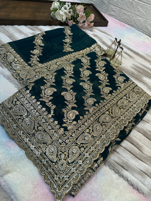 Premium Teal Green Saree with Dupatta | Heavy Zari & Embroidery Work