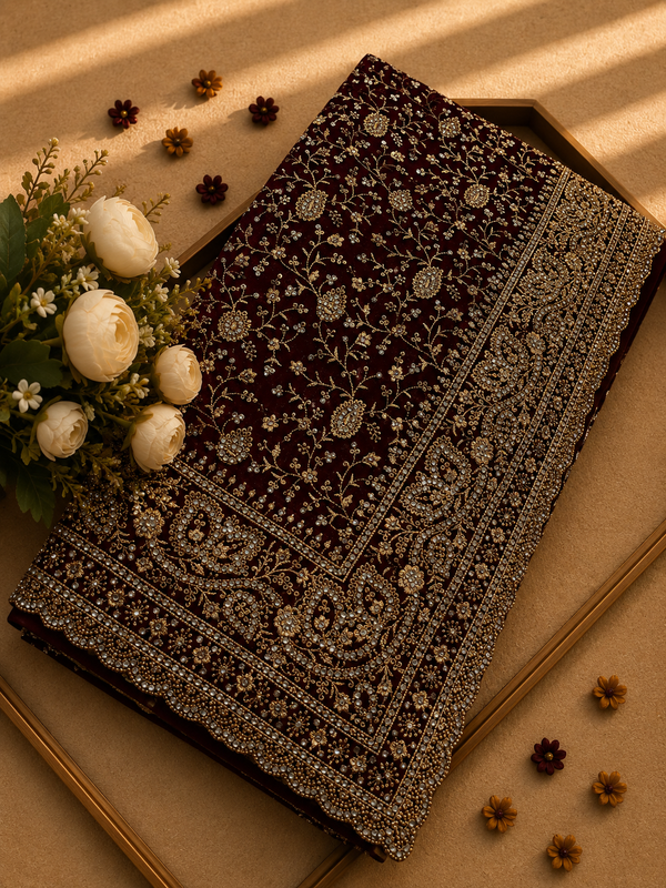 Premium Wine Designer Georgette Saree with Heavy zarkhan & Intricate Embroidery Work