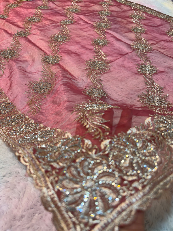 Dusty Rose Organza Saree with light gold Zari Embroidery