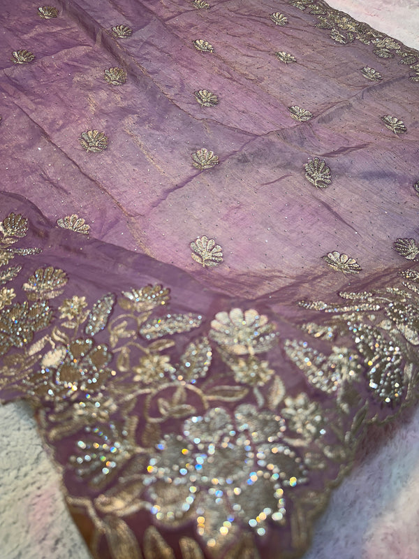 Lavender Grey Organza Saree with Silver Zarkhan Stone & Zari Floral Embroidery