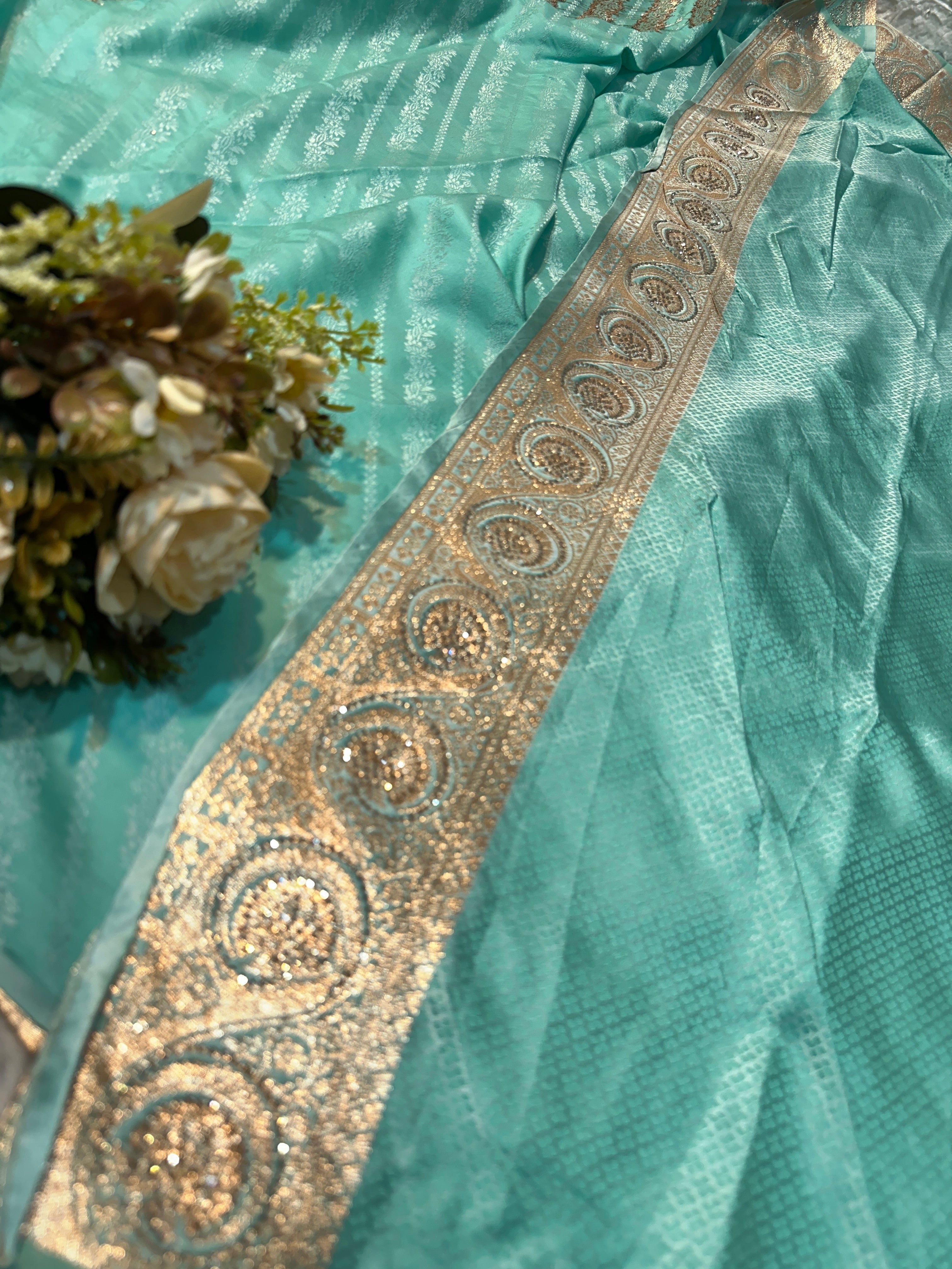 Mint Green Banarasi Silk Saree with Gold Zari Stripes & Heavy Zari Border