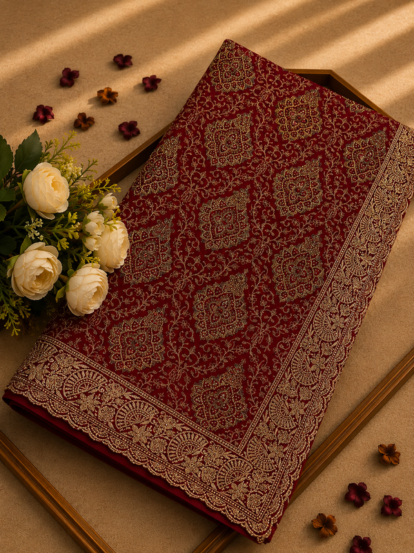 Premium Maroon Georgette Kashmiri Work Saree | Heavy Designer Party Wear |