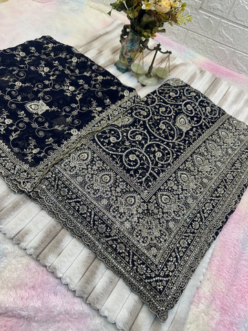 Premium Navy Blue Saree with Dupatta | Heavy Embroidery & Stone Work