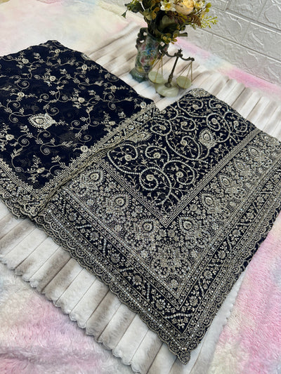 Premium Navy Blue Saree with Dupatta | Heavy Embroidery & Stone Work