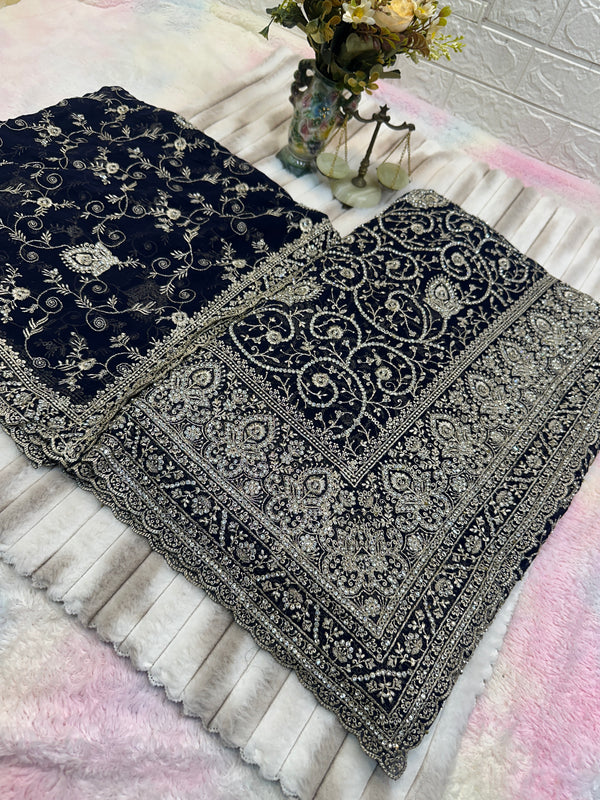 Premium Navy Blue Saree with Dupatta | Heavy Embroidery & Stone Work