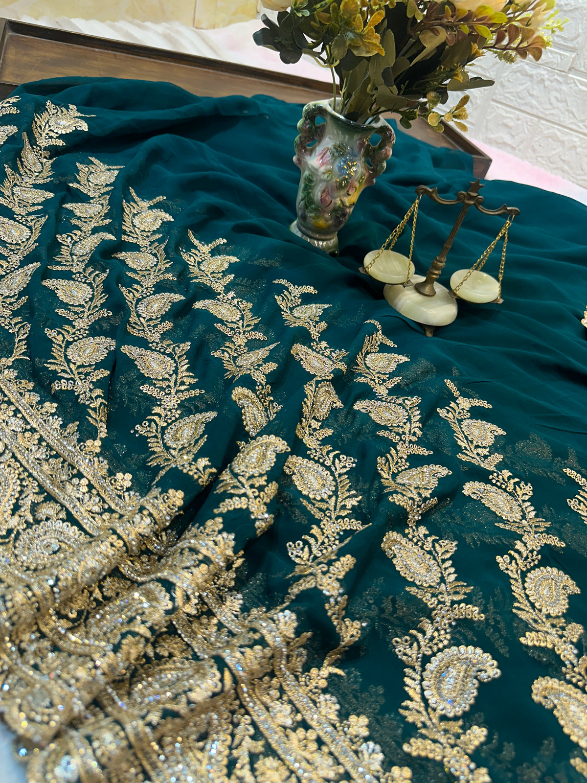 Premium Teal Green Saree with Dupatta | Heavy Zari & Embroidery Work
