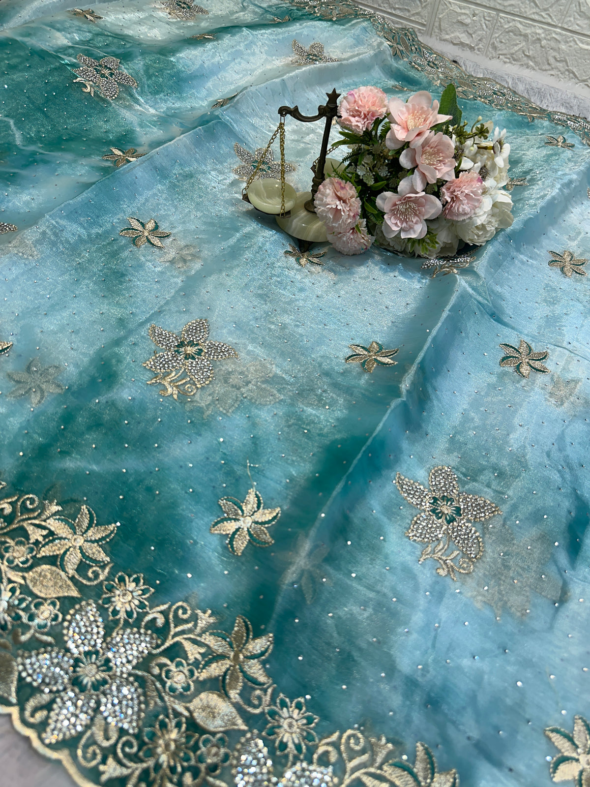 BUY 1 GET 1 FREE – Aqua Blue Floral Embroidered Saree