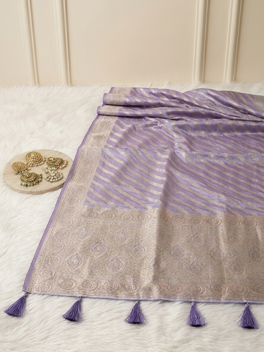 Lavender Purple Banarasi Silk Saree with Gold Zari Stripes & Heavy Zari Border
