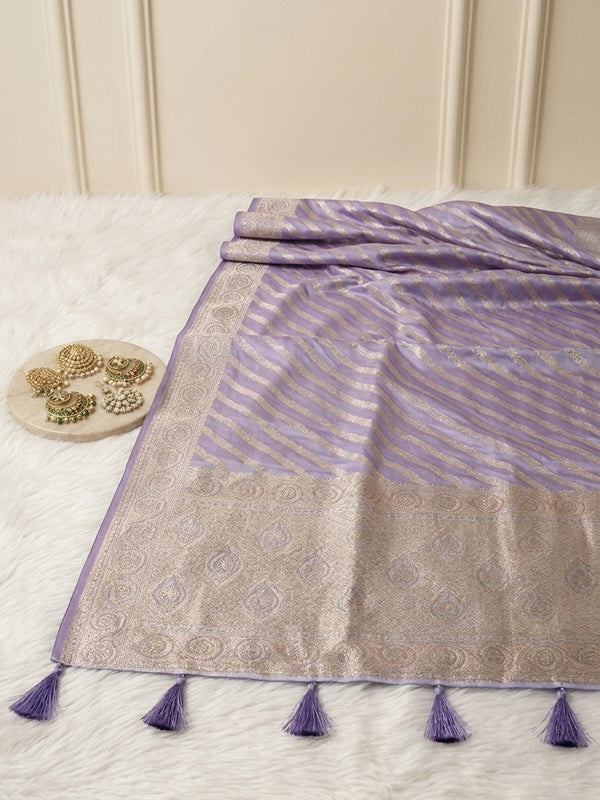 Lavender Purple Banarasi Silk Saree with Gold Zari Stripes & Heavy Zari Border