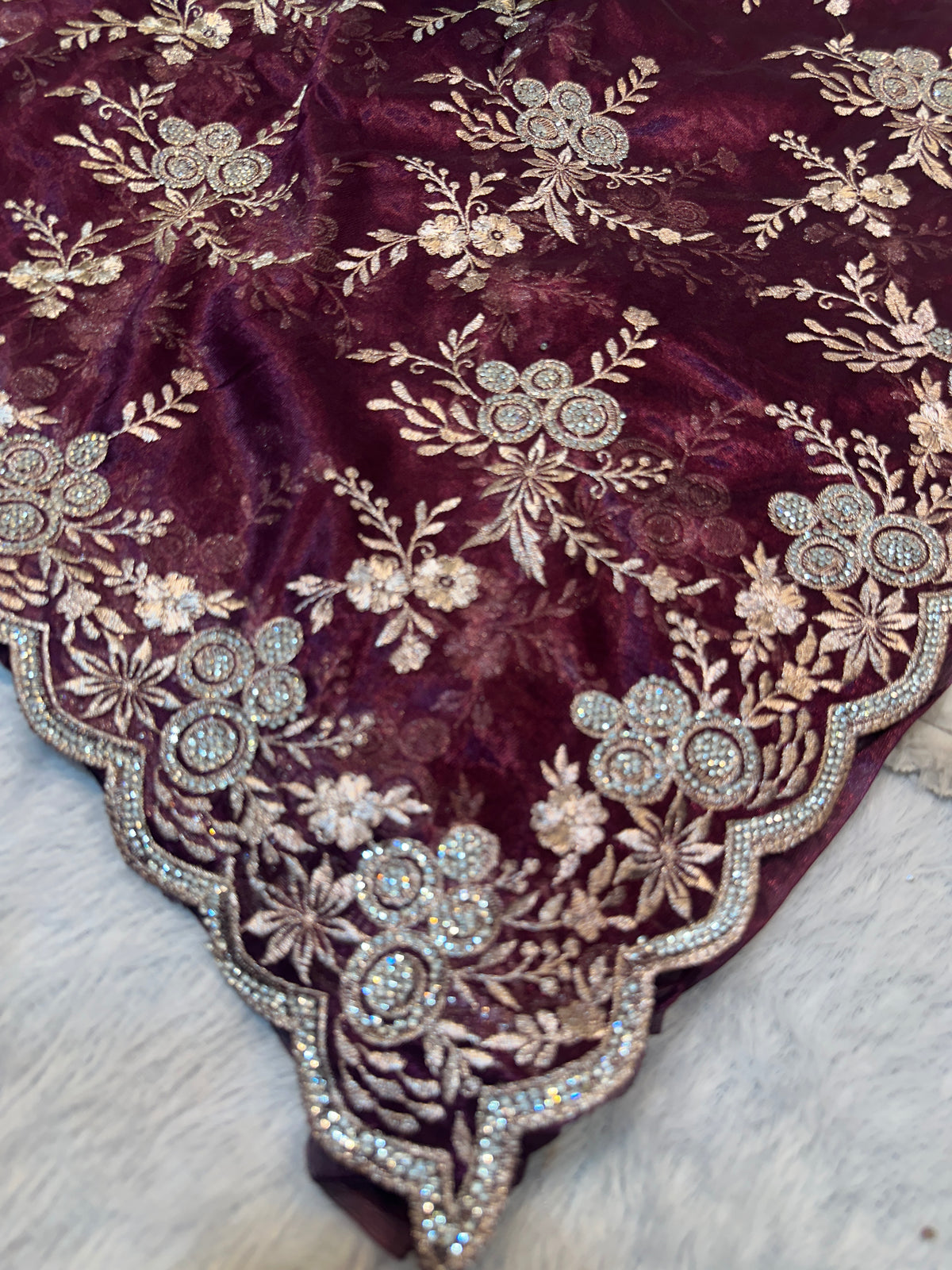 BUY 1 GET 1 FREE – Royal Burgundy Floral Embroidered Saree