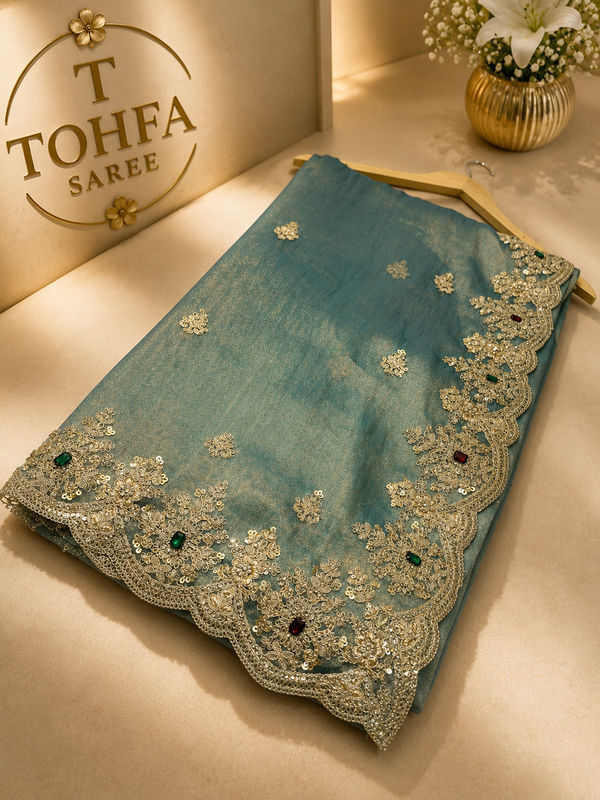 Premium Teal Blue Gabana Designer Saree | Luxury Zari & Stone Work