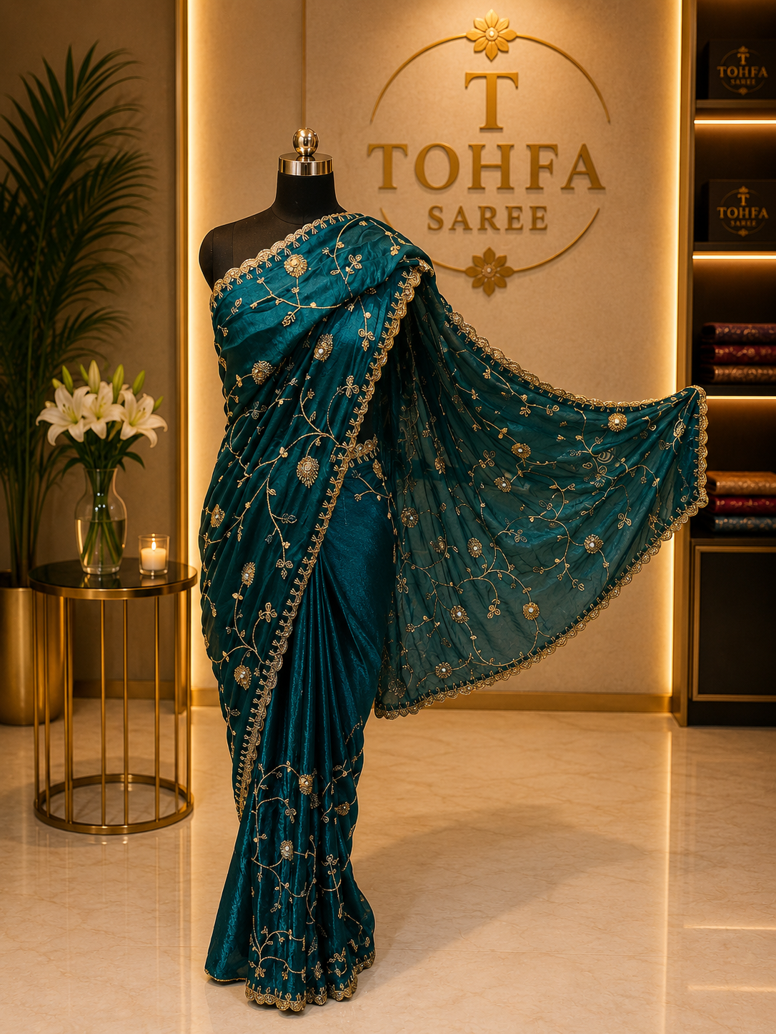 Premium Teal Blue Fendi Designer Saree with Elegant Embroidery Work