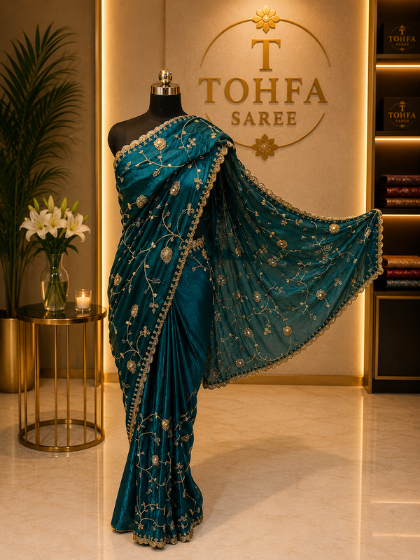 Premium Teal Blue Fendi Designer Saree with Elegant Embroidery Work