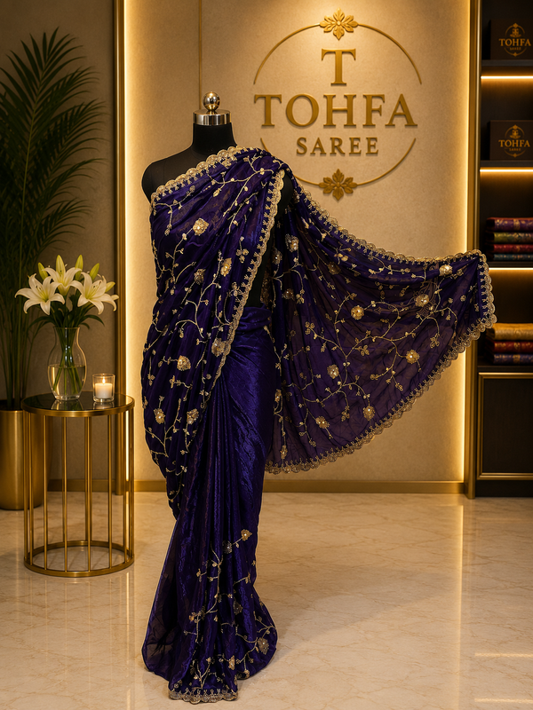 Premium Purple Fendi Designer Saree with Elegant Embroidery Work