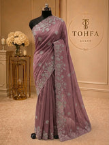 Dusty Rose Organza Saree with Zarkhan Stone & Zari Floral Embroidery