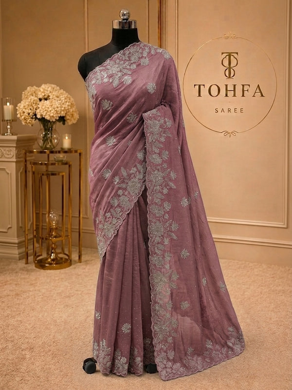 Dusty Rose Organza Saree with Zarkhan Stone & Zari Floral Embroidery