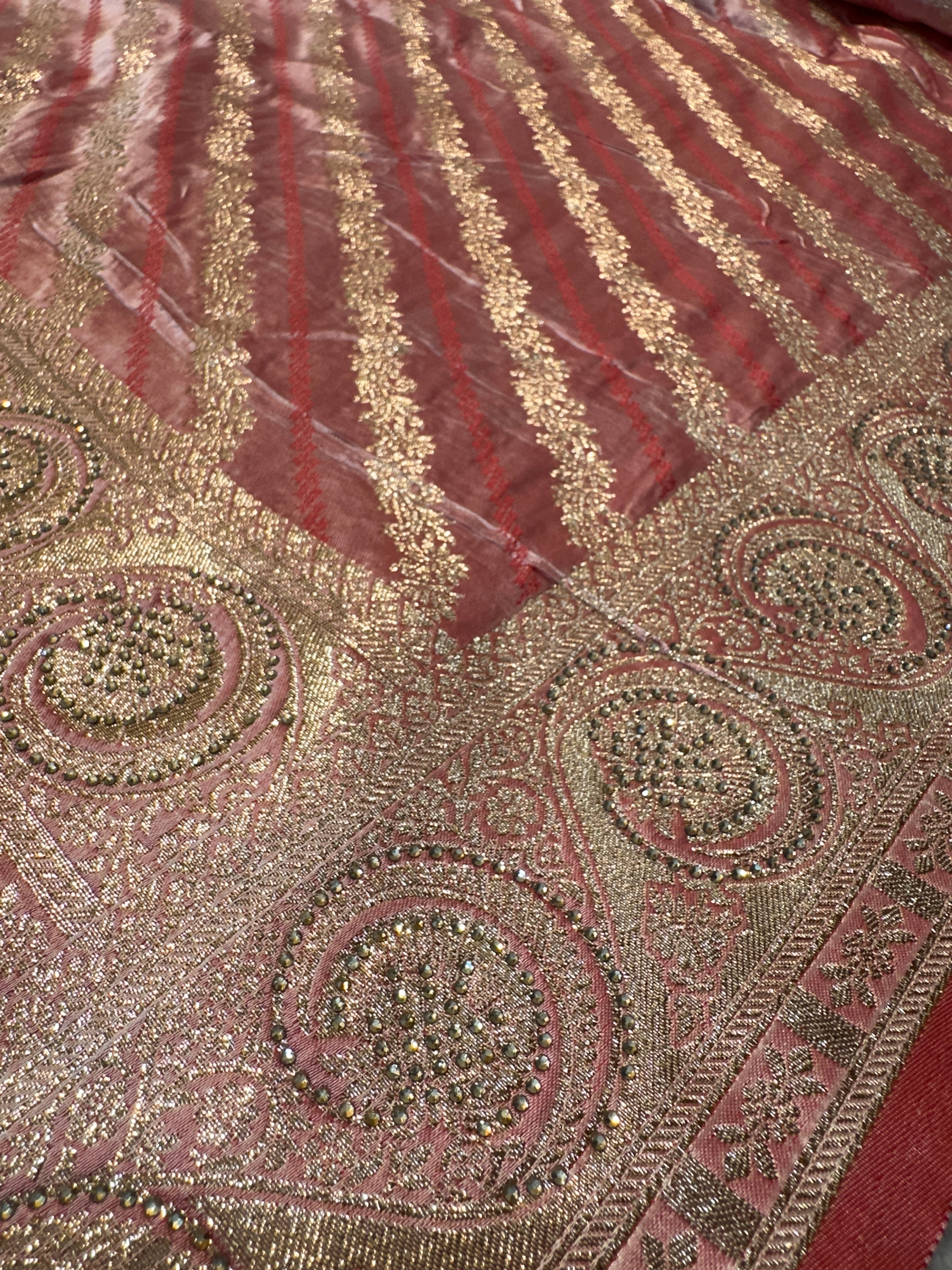Pink Banarasi Silk Saree with Gold Zari Stripes & Heavy Zari Border