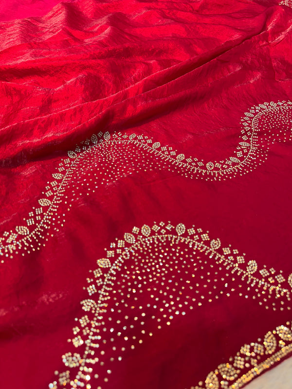 Premium Ruby Red Fendi Saree with Elegant Stone Work – Luxury Designer Party Wear, Wedding & Festive Collection