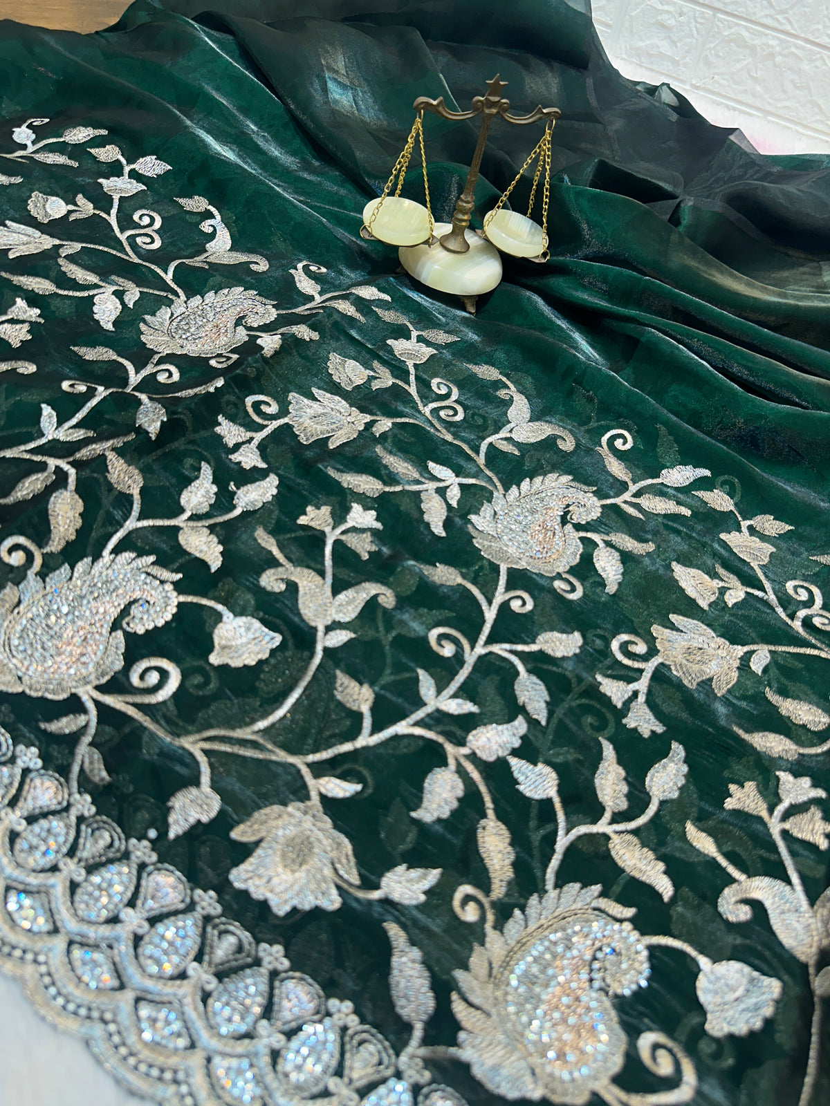 Buy 1 Get 1 FREE – Premium Dark Green Zari Work Saree ✨