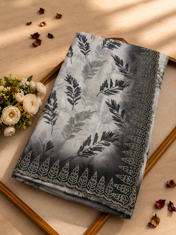 Elegant White & Grey Golden Zarkhan Saree | Premium Party Wear